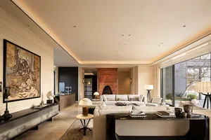 Spacious modern luxury living room featuring full-height travertine walls, large gold floral artwork, white sectional sofa, black marble coffee table, and views to a garden courtyard.
