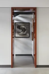 Modern minimalist hallway featuring a large framed black and white nude photograph, rich walnut wood door frames, and dramatic diagonal light patterns on white walls.