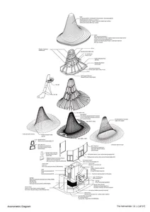 Black and white axonometric diagrams and construction details of a conical wooden pavilion named The hatmachida, showing roof layers, structural framing, skylight sections, and material specifications.