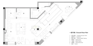 Architectural ground floor plan drawing showing numbered zones including floating structure roof, coffee bar, planting island seating, booth seating, and performance area.