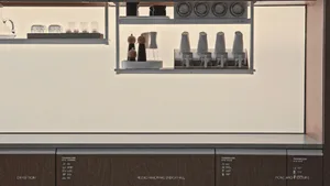 Modern minimalist kitchen featuring dark walnut lower cabinets and white floating open shelves with backlit display area, showcasing organized glassware and tableware.