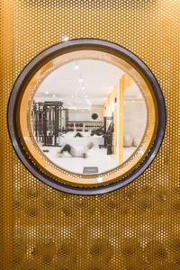View of a modern home gym with weight training equipment seen through a large circular window set in a golden perforated metal wall.
