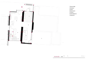 Black and white first floor architectural plan of a jewelry retail boutique showing entrance lobby, retail space, corridor, service counter, courtyard, jewelry display area, and storage room at 1:100 scale.