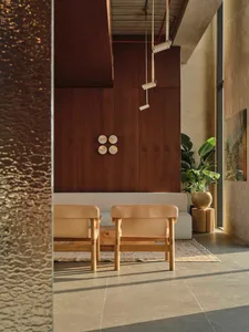 Modern minimalist living room featuring dark walnut wood wall paneling, two natural leather armchairs with light wood frames, a low wooden coffee table, and a large potted plant beside a concrete wall.