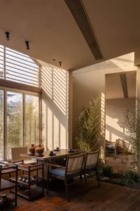 A tranquil dining area featuring a dark wood table, woven rattan and fabric dining chairs, colorful wooden side tables, and tall bamboo plants, with strong sunlight casting striped shadows on beige plaster walls.