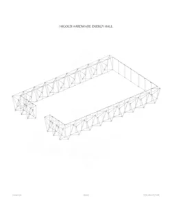 Monochrome technical drawing showing a large rectangular steel space truss structure with an open corner, labeled Higold Hardware Energy Hall.