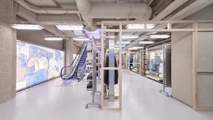 Modern industrial-style clothing store interior with exposed concrete walls, wooden modular display structures, clothing racks, large digital wall display, and an escalator.