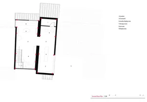 Black and white architectural second floor plan with red dot markers, showing numbered rooms including courtyard, jewelry display area, storage room, rest area and display area at 1:100 scale.