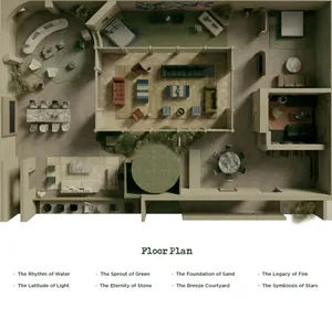Architectural floor plan rendering of a high-end residential complex featuring multiple living, dining, and bedroom zones arranged around landscaped courtyards.