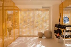 Modern home gym interior featuring bright orange perforated metal room dividers, exercise balls, dumbbell racks, and strong natural sunlight casting striped shadows on the floor.