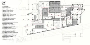 Black and white architectural floor plan of a large aerospace science museum with numbered exhibition halls, laboratories, and circulation paths.
