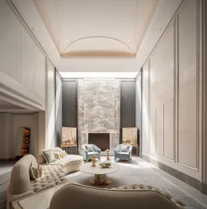 Elegant luxury living room featuring a large curved ivory tufted sofa, two light blue armchairs, a round marble coffee table, and a dramatic marble fireplace wall under a high coffered ceiling.