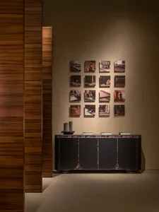 Modern entryway featuring a dark ribbed console with colorful floral inlay, topped with decorative objects and books, set against a warm beige wall displaying a 4x4 grid of framed photographs, with a tall zebrawood veneer panel on the left.
