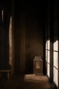 Minimalist Japanese entryway featuring dark weathered wood walls, a small wooden stool, and a traditional woven rattan lantern standing on a wooden floor with strong directional sunlight creating dramatic shadows.