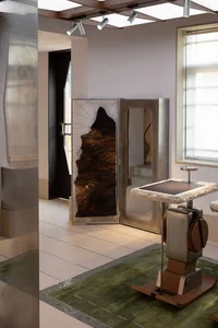 Modern entryway featuring a large burl wood art screen, sculptural stone and metal table, and a green road-patterned rug under a wooden ceiling with track lighting.