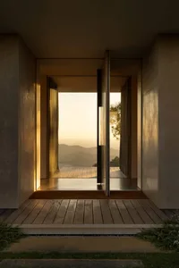 View from inside a modern concrete house looking through a large open pivoting glass door onto a wooden deck with panoramic golden hills at sunset.