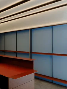 Modern office interior featuring blue panels, warm walnut storage units, and linear ceiling lighting.
