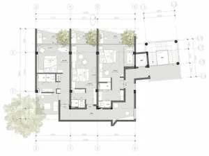 Architectural floor plan of a luxury triplex villa featuring four king bedrooms, multiple bathrooms, living areas, and three large balconies with dimension lines and landscaping indicators.