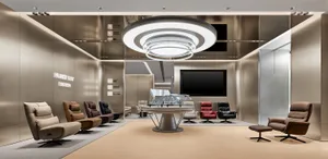 Modern luxury recliner showroom interior featuring multiple leather reclining chairs in neutral and bold colors arranged around a central display table with a large circular LED chandelier overhead.