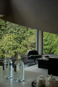 Modern living room interior with a black leather lounge chair placed beside floor-to-ceiling windows overlooking a dense green forest, with a low black side table and foreground table setting.