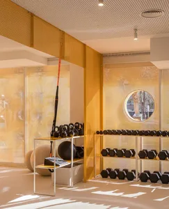 Modern home gym interior with golden perforated metal room dividers, dumbbell racks, kettlebells, exercise balls, and a circular window letting in natural light.