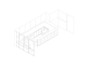 Isometric architectural line drawing of a modern minimalist kitchen floor plan featuring a large central island, cabinetry, and multiple access points.