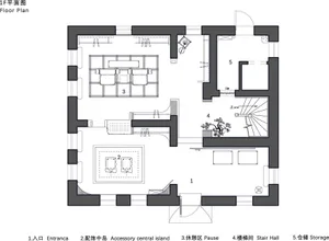 Black and white architectural floor plan of a modern two-story residence showing entrance, accessory central island, pause area, stair hall and storage zones.