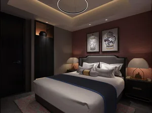Modern luxury bedroom featuring a large bed with white and navy bedding, two framed Chinese porcelain artworks on a deep red textured wall, dark walnut furniture, and warm ambient lighting.