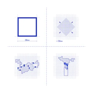 Four blue technical drawings on a white background arranged in a grid, showing pixel-art style floor plans and architectural diagrams with dimension labels of 200mm.
