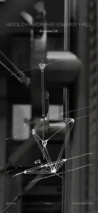 Black and white photograph of a geometric kinetic sculpture made of steel rods and joints, overlaid with white technical line drawings illustrating its mechanical structure, displayed in the Higold Hardware Energy Hall.