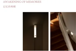 Modern minimalist interior featuring a tall vertical wall light in a dark hallway next to a wooden staircase with white handrail and warm sunlight.