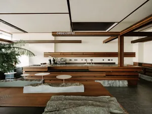 Modern minimalist café interior featuring a long wooden coffee bar, floating white tables, massive corten steel platform, and artificial stone landscape elements under a high ceiling with dark timber beams.