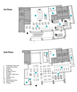 Black and white architectural floor plan of Mi Bookstore showing the first and second floor layouts with numbered zones including reading areas, café, retail space, and stage.