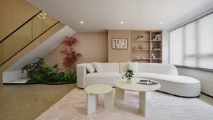 Modern living room featuring a large curved white sofa, light wood paneling, built-in bookshelves, and a sunken indoor garden with red and green plants under a slanted glass railing.