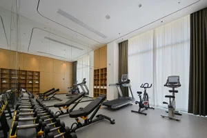 Modern home gym interior with large mirror wall, light wood cabinetry, treadmill, stationary bike, weight bench, and dumbbell rack under bright recessed lighting.