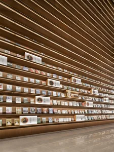 Modern library interior featuring a full-height wooden bookshelf wall with integrated linear LED lighting and neatly arranged books.