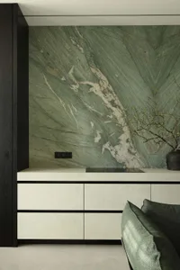 Modern living room corner featuring a large green marble feature wall, white floating console with black trim, dark wood cabinetry, and a green textured sofa with a branch arrangement in a dark vase.