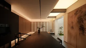 Modern minimalist dining room featuring a long dark walnut wood table, a black wooden chair, warm cove lighting, and large sliding doors with traditional bamboo paintings opening to a small zen garden.