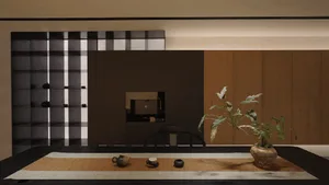 Modern Japanese minimalist dining room featuring a dark walnut table with tea set, a geometric grid shelving unit in black and white, warm wood paneling, and a potted plant.