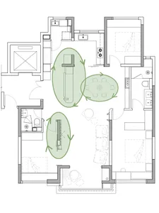 Top-down architectural floor plan of a three-bedroom apartment showing room layouts, furniture placement, and highlighted circulation zones in green.