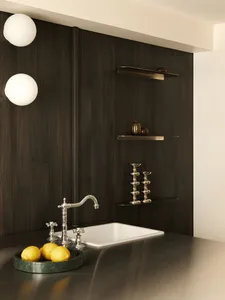 Modern kitchen corner featuring a white rectangular sink, polished chrome bridge faucet, dark wood paneling, floating shelves with decorative objects, and a green marble tray holding lemons under two spherical wall lights.
