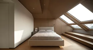 Modern minimalist attic bedroom featuring light oak wood paneling, large skylights, a low-profile upholstered bed with neutral linens, and built-in wooden steps under the sloped ceiling.