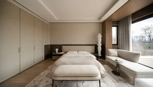 Modern minimalist bedroom with beige walls, large built-in wardrobe, upholstered bed with bench, white chaise lounge by the window, and wooden flooring.