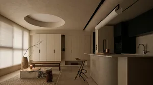 Modern minimalist open-plan living room and kitchen featuring micro-cement walls, a concrete kitchen island with wooden stool, marble coffee table, and a dramatic circular skylight in the ceiling.