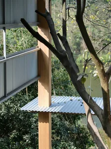 Close-up of a light-colored wooden structural column with a corrugated metal roof element wrapping around a mature tree trunk against a lush green forest and lake background.