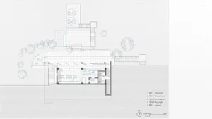 Technical floor plan drawing of a modern Italian restaurant including dining hall, bar counter, restrooms, storage, and rooftop terrace with north orientation indicator.