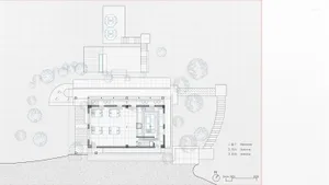 Technical architectural floor plan drawing of a modern restaurant featuring numbered dining areas, kitchen, two balconies, and surrounding landscaped garden with north arrow and scale.