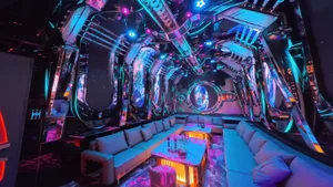 Futuristic cyberpunk nightclub lounge with mirrored walls, neon blue and pink lighting, and large circular Earth projections on the back wall.