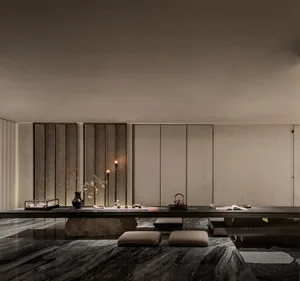 Modern Japanese-style tea room featuring polished dark marble floor, low wooden tea table, floor cushions, decorative lattice screen, and soft ambient lighting.