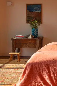 Cozy bedroom corner featuring a carved reclaimed wood console table, a sleeping cat, turquoise vase with flowers, colorful Persian rug, and terracotta bedding under warm natural light.